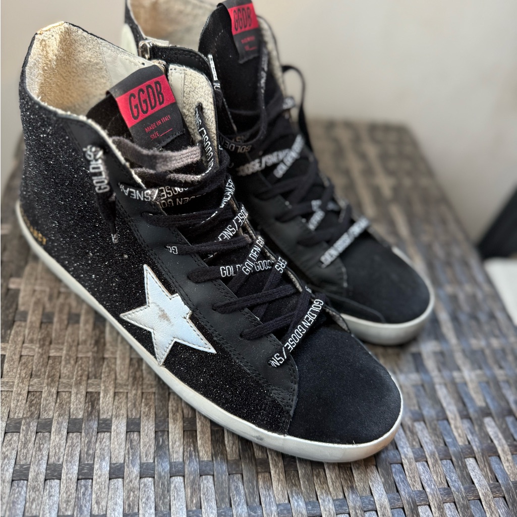 Golden Goose Black Glitter High-Top Sneakers With White Star